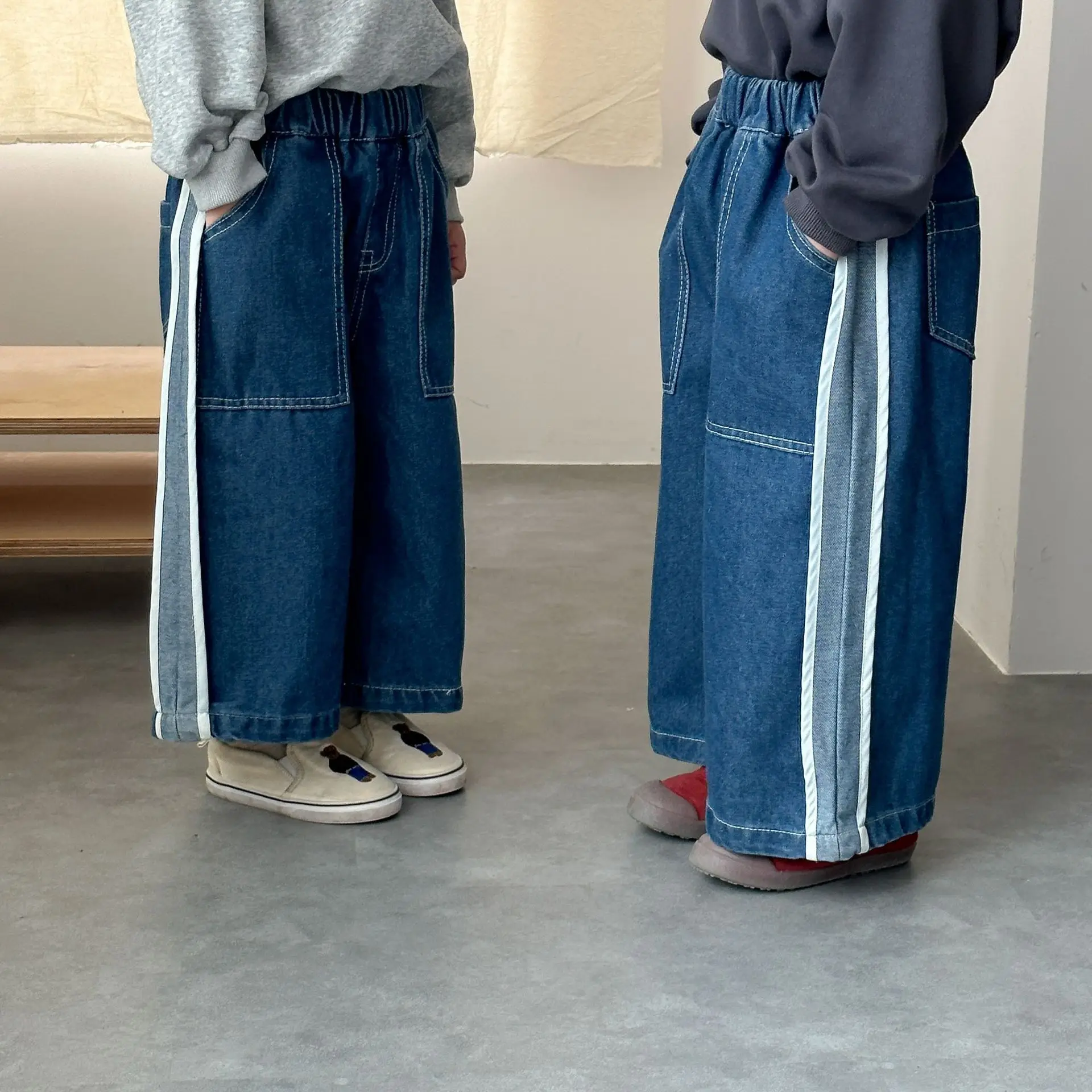 

Kids Baby Girls Denim Pants Autumn New Striped Simple Baby Girls Straight Leg Pants Elastic Waist Causal Toddler Girls Trousers