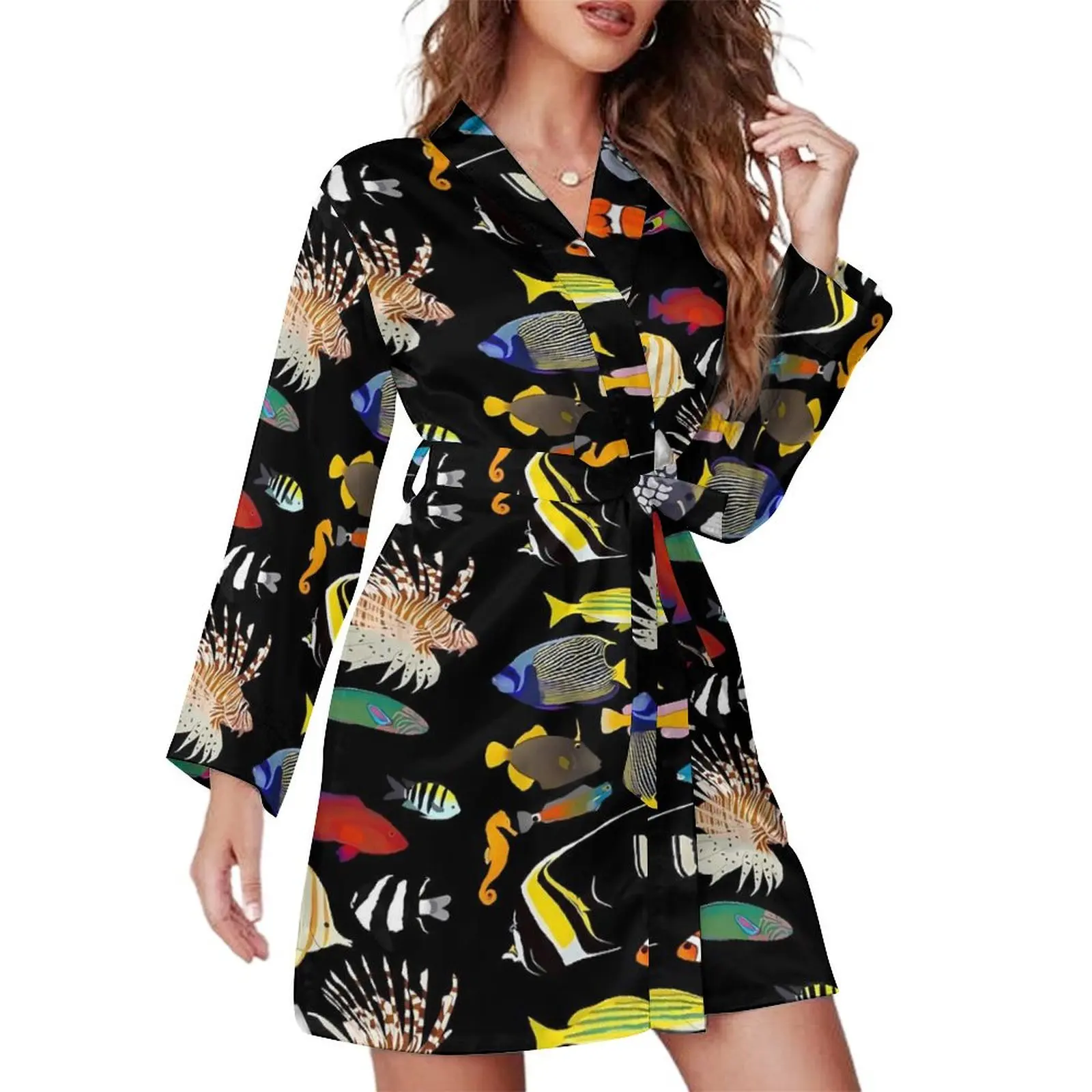 Color Sea Fish Pajama Robe Lady Coral Reef Fishes Bedroom Nightgown Long Sleeves V Neck Pajamas Robes Spring Sexy Dresses