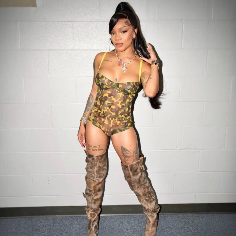 FAGADOER Y2k Sexy Camouflage Bodycon Playsuits Rompers Women Spaghetti Strap Backless One Piece Jumpsuit Female Overalls New