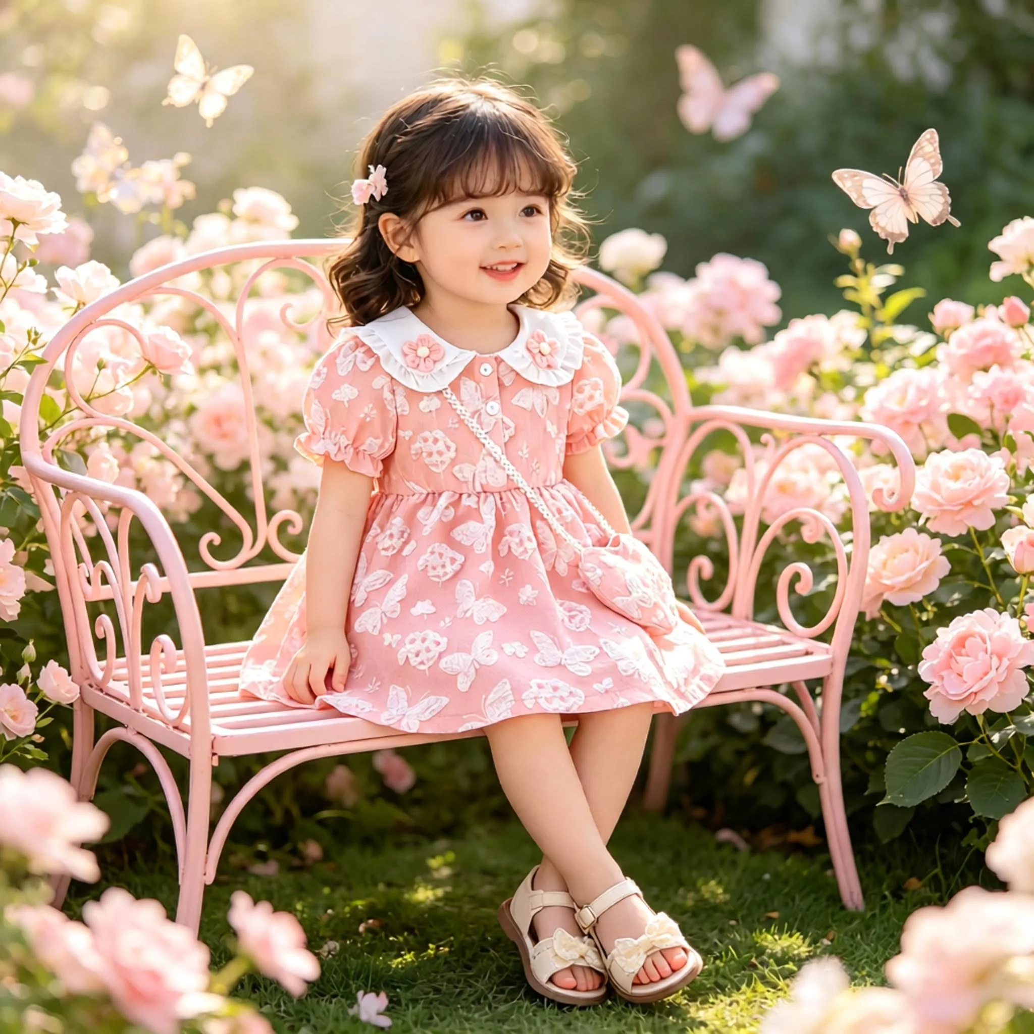 Summer Princess Dress for Baby Girl Casual Cute Butterfly Pattern Flower Waist Decoration Sleeve Lapel Dress with Bag