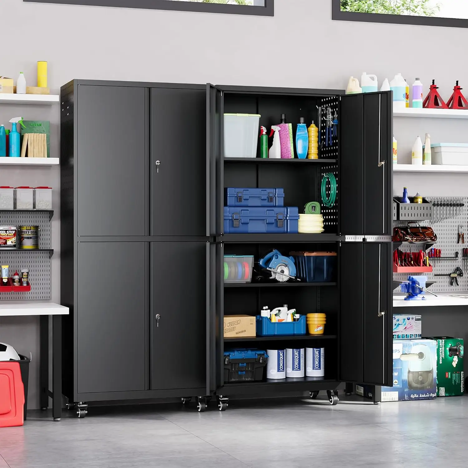 Metal Garage Storage Cabinet with Locking Doors and Adjustable Shelves, Rolling Tool Storage Cabinet with 4 Wheels