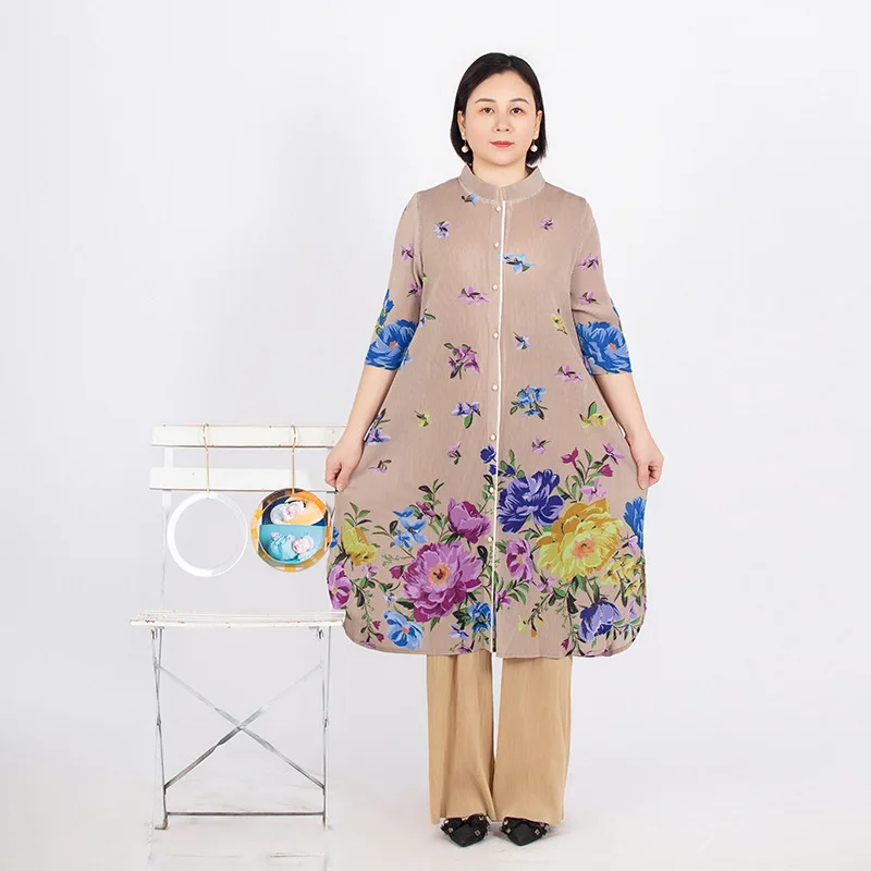

Printed round neck five quarter sleeve cardigan plus size women's pants set