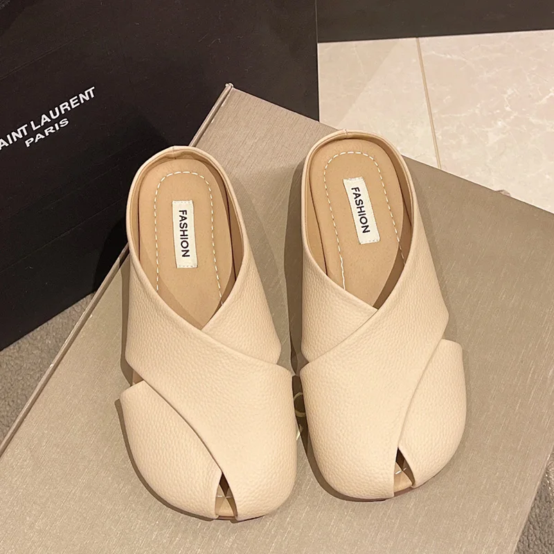 Sandalias planas de cuero con punta abierta para mujer, zapatos informales, Verano