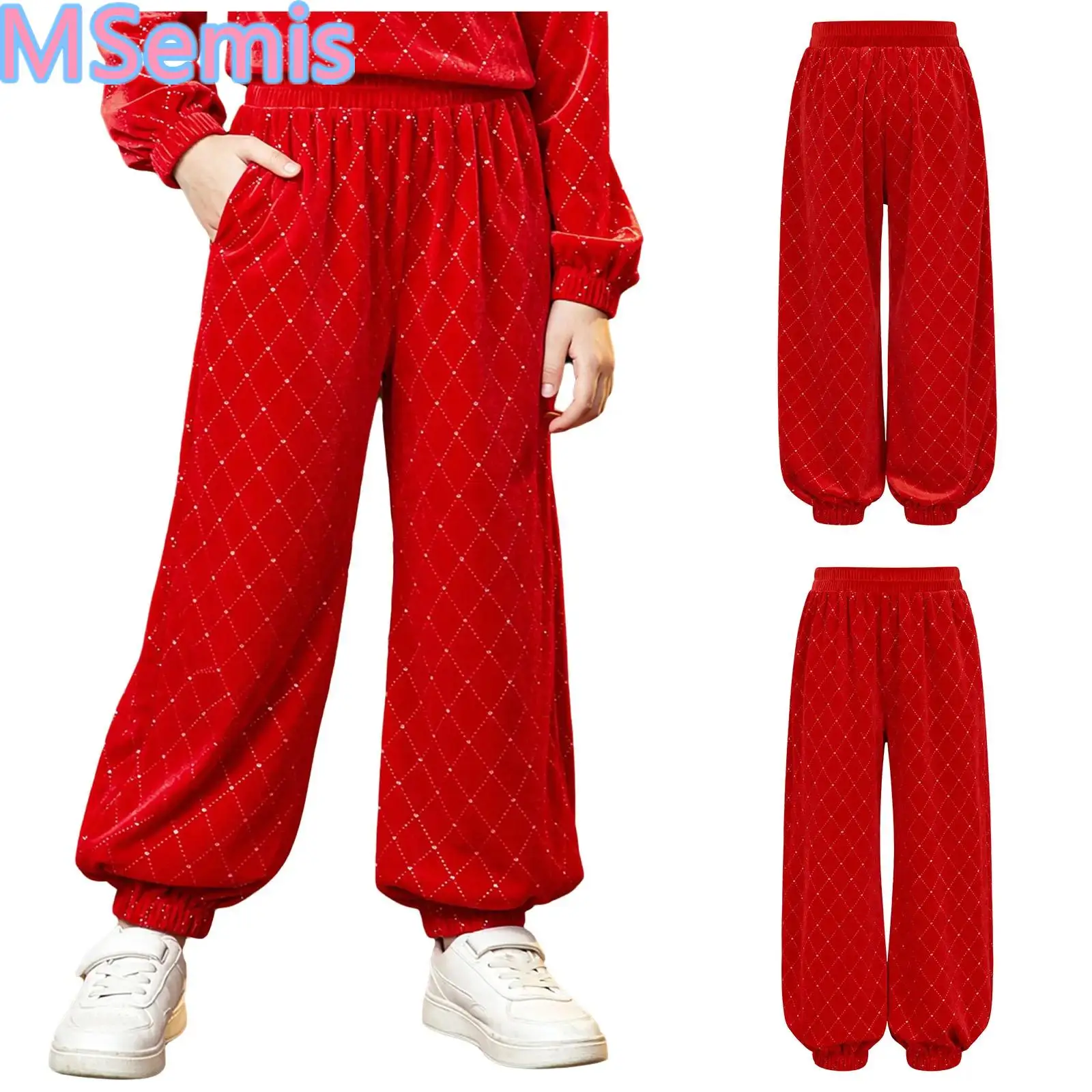 Kids Girls Casual Velvet Metallic Rhombus Pants Elastic Waistband Sports Trousers for Casual Daily Life Birthday Party Christmas