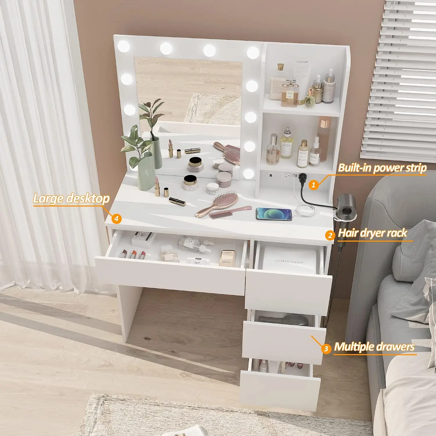 Makeup Vanity with Lights, 37inch Vanity Desk with Power Strip, 4 Drawers Makeup Table with Lighted Mirror, 3 Lighting Colors