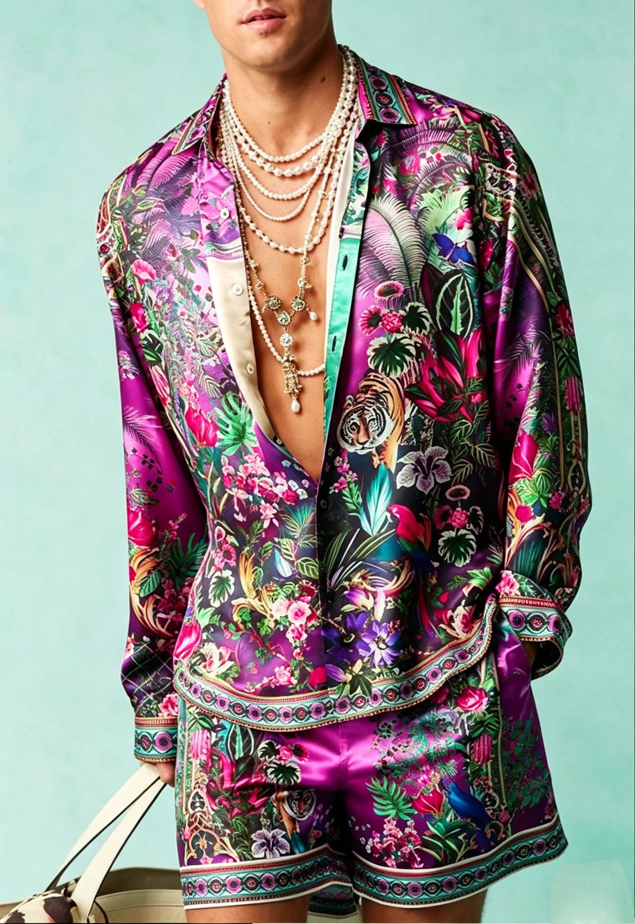 2026 Men's New Fashion Shirts 2-piece Set Colorful Plant 3D Printed Shirts Festival Carnival Party Clothes for Men Fast shipping