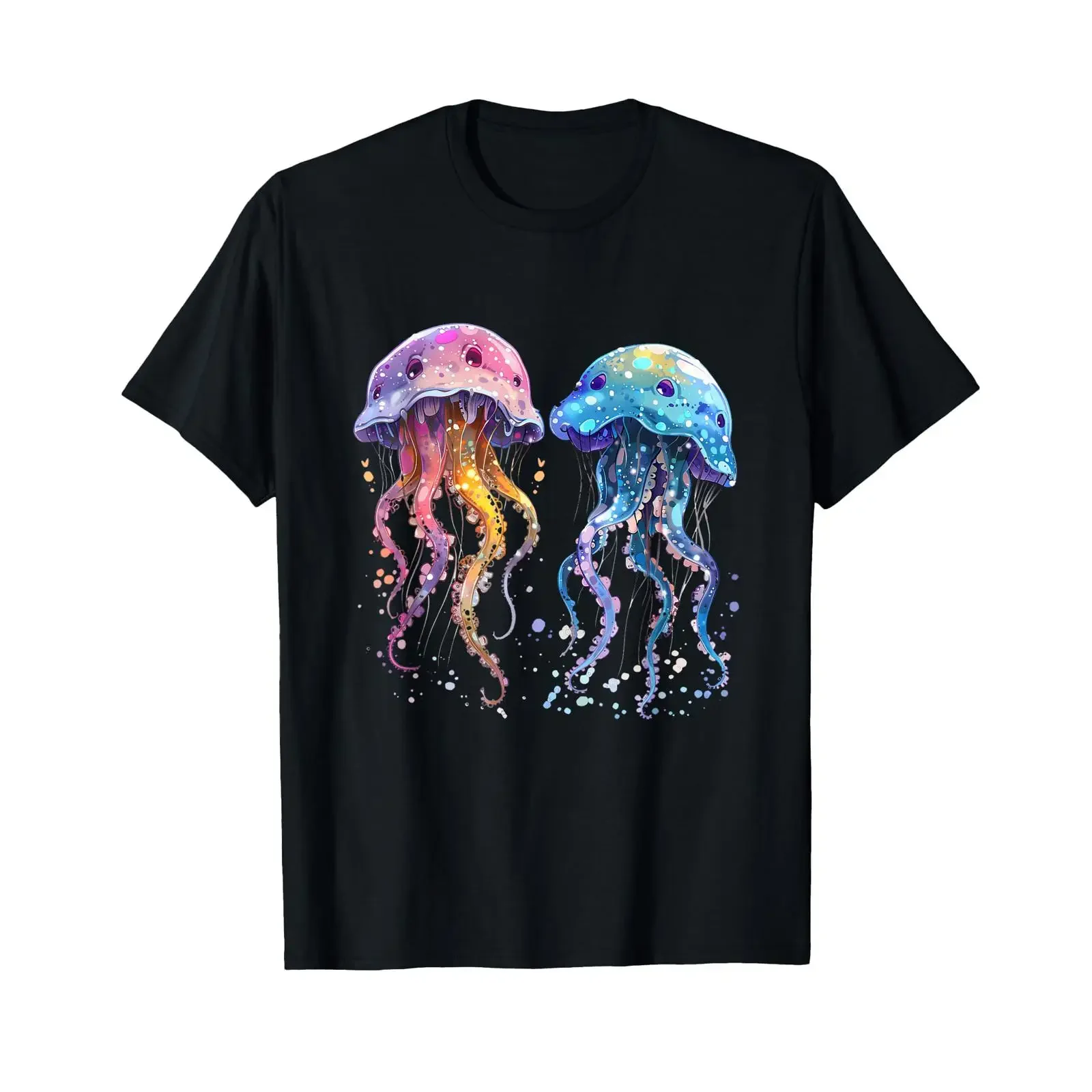 Camiseta con diseño de medusas y animales marinos, motivos marinos, color negro, vintage, lavada, ropa de diseñador para hombre, ligeramente informal, suave