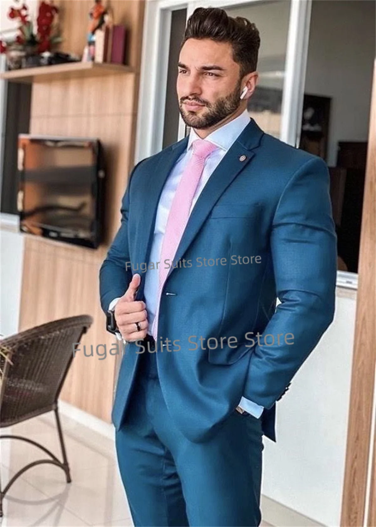 Terno de casamento azul luxuoso masculino, ajuste fino, lapela entalhada, snoking do noivo, blazer masculino clássico, traje de negócios, conjunto 2 peças