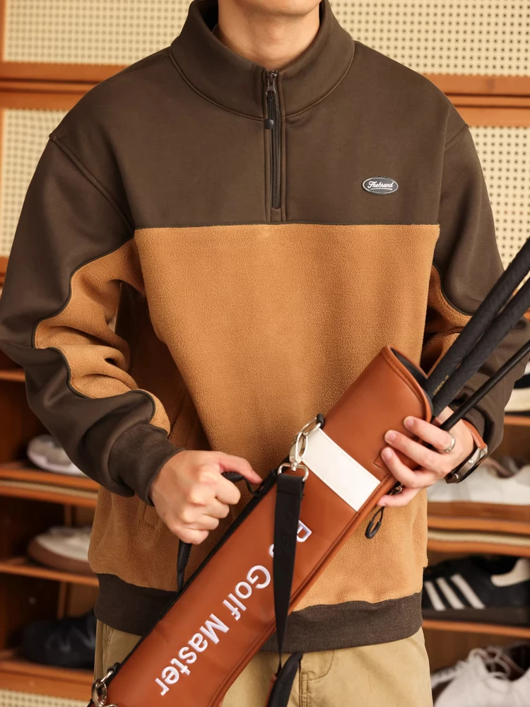 

Мужская утепленная толстовка с капюшоном, воротником-стойкой и молнией, в стиле ретро, с цветными блоками, на осень-зиму, теплая, повседневная, уличная одежда