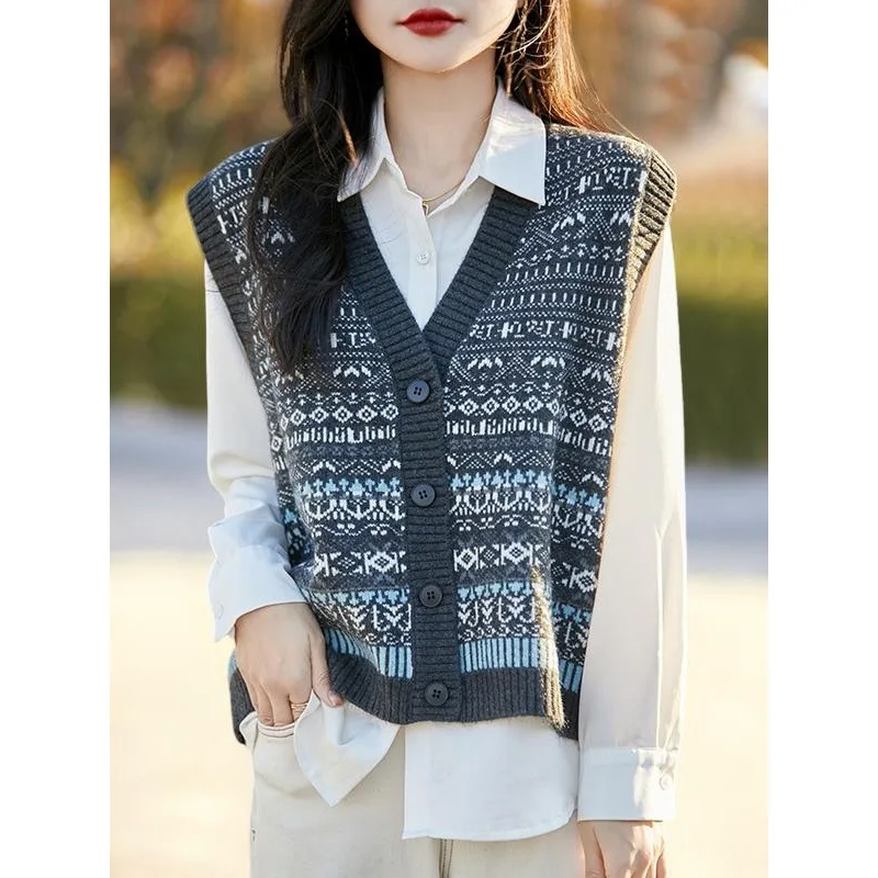 

Шерстяной вязаный жилет, женский кардиган, весенне-осенний новый модный жаккардовый свитер, жилет для верхней одежды, без рукавов
