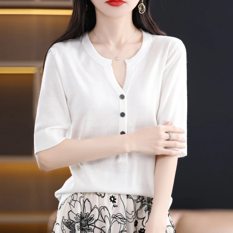 Spring New Women's Half-Open V-Neck Thin Worsted Wool Knitted Bottoming Half-Sleeve T-Shirt Short-Sleeved Shirt