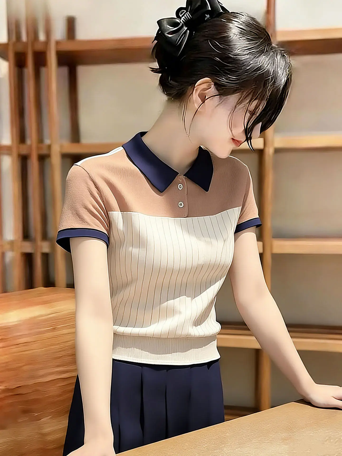 

Slimming Ice Silk Short Sleeve Neck Pullover Top Unique Stylish Beautiful Small Audience T-Shirt Comfortable High-End Fe...