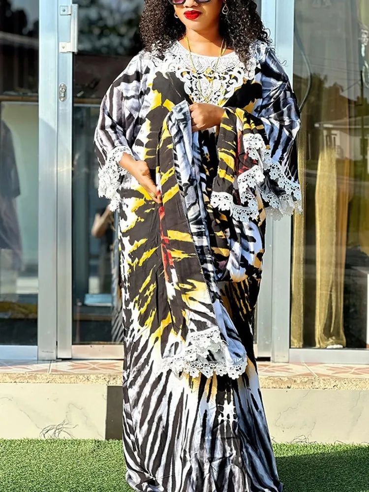 Vestido maxi de renda estampado para mulheres muçulmanas, caftan solto, marocchino, islâmico, vestuário turco, Dubai, Abaya, Dashiki