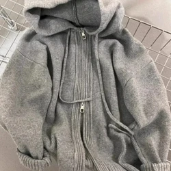Gray Hooded Sweater Coat Autumn Winter Double Zipper Long Sleeve Loose Fashion Korean Soft Thickened Knitted Tops Coats