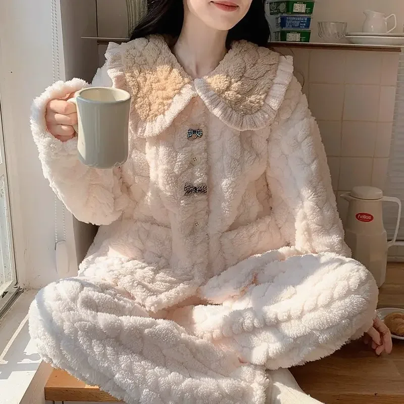 Autumn Winter 2024 New Coral Velvet Pajamas Women Homewear Long Sleeve Sleepwear Girl Cartton Flannel Thick Warm Loungewear Set