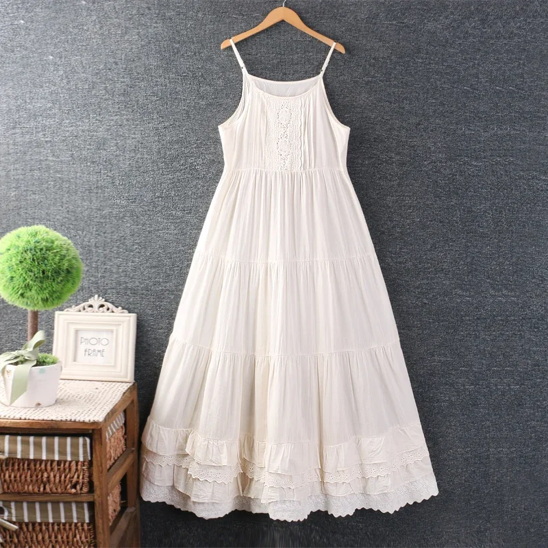 

Summer Japan Style Mori Girl Sweet Hollow Out Embroidery White Dress Women Spaghetti Strap Robe White Black Midi Cotton Dresses