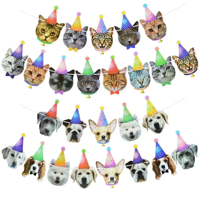 13 Flags Cat Dog Paper Banner Pet Happy Birthday Banners Bunting Garland Decoration Cat Dogs Birthday Party Supplies Paper Decor