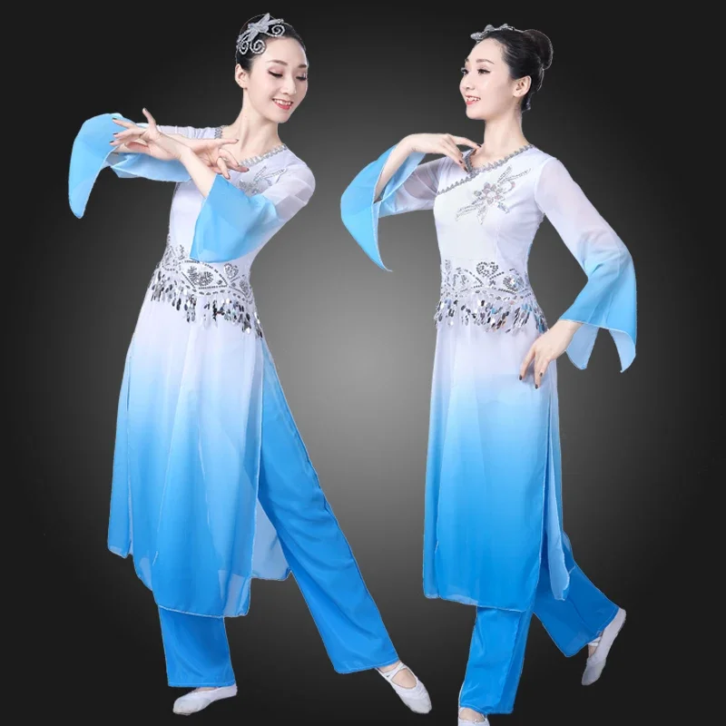 Tinta gradiente feminino Mangas d'água Trajes, roupas de dança clássica tradicional chinesa, mangas compridas, Hanfu Trajes de dança antiga