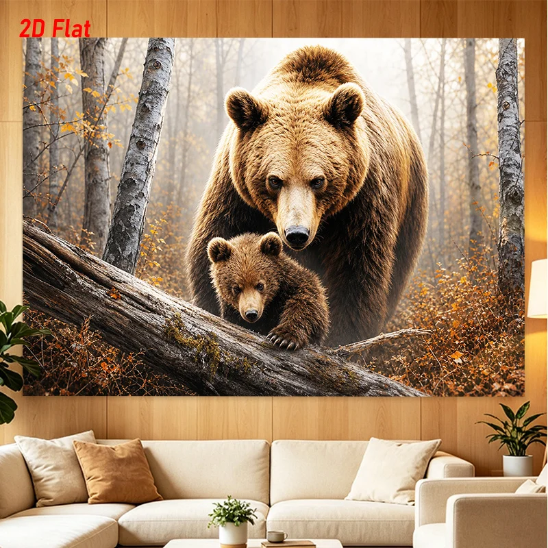 Brown Bear Family Tapestry Grizzly Mom Cub Forest Wall Hanging Wildlife Animal Art Autumn Woods Decor, Living Room Bedroom Cloth
