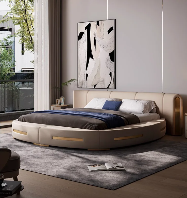 

Modern light luxury leather bed Master bedroom high-end atmosphere round bed Italian minimalist bed