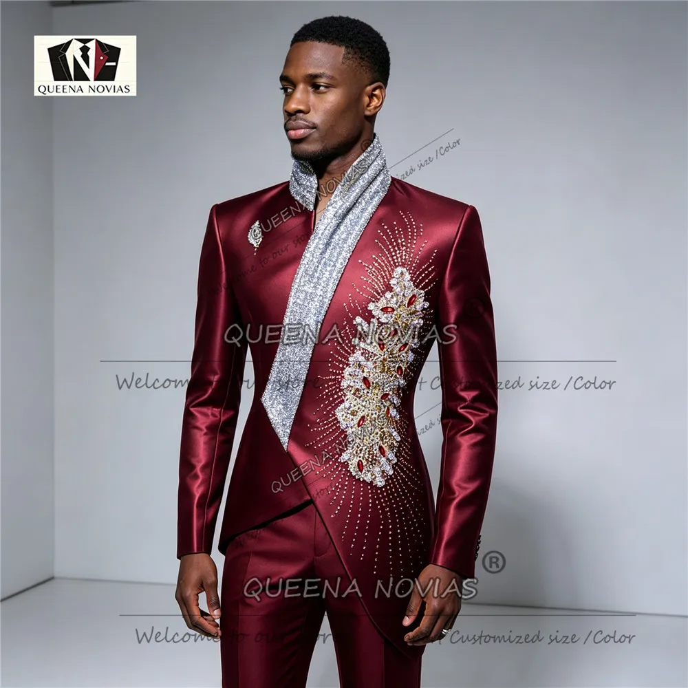 Men's Brilliant Satin Suits Unique Design Crystals Diamond Prom Blazer 2 Piece Sets Groom Formal Tuxedo Man Red Carpet Clothing