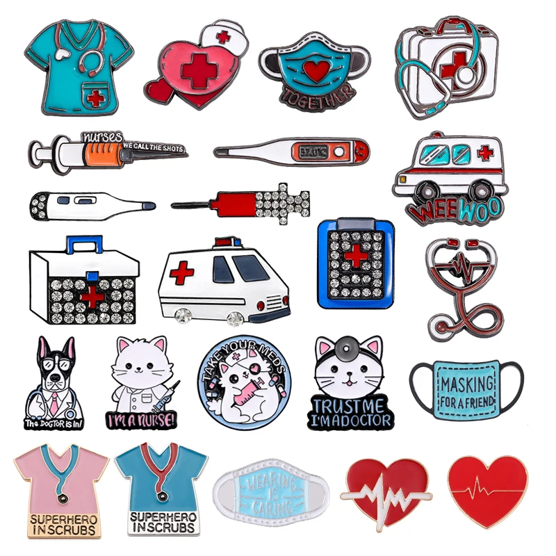 Creative Cartoon Love Stethoscope Enamel Pins Syringe Ambulance Alloy brooch Badge Trendy Cute Doctor Nurse Lapel Jewelry Gifts