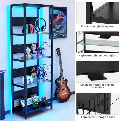 65" Tall Display Case with LED Lights, Corner Display Cabinet with Glass Storage Shelves and Hooks, Industrial 4-Tier view 5