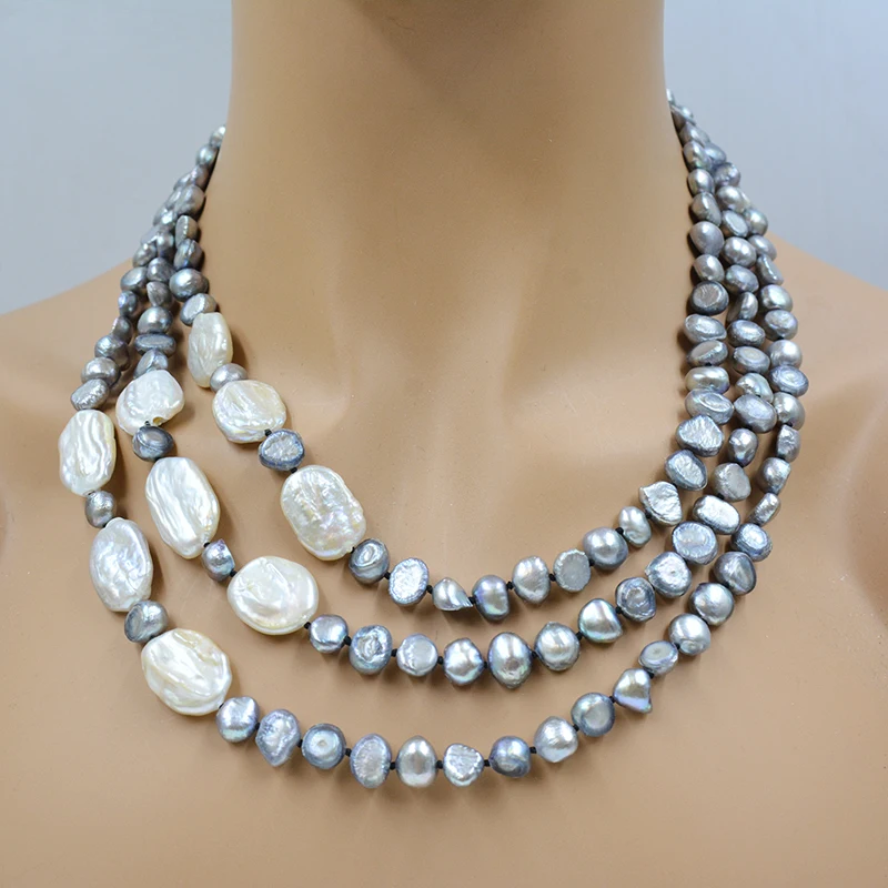 3-strand 8MM natural gray/white Baroque pearl necklace/earring set