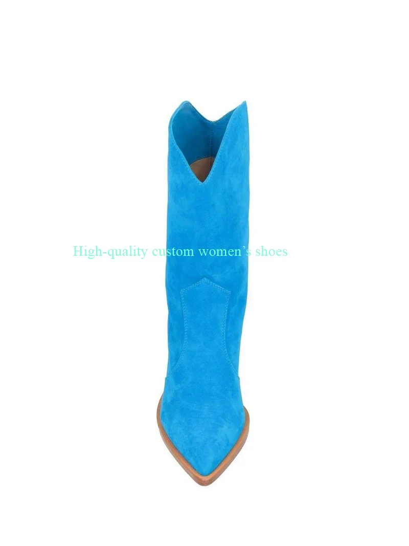 Blue Frosted Suede Pointed Low-Heeled Ankle Boots Round Heels V-Shaped  Women's Riding Boots Custom-Made Sell Like Hot Cakes