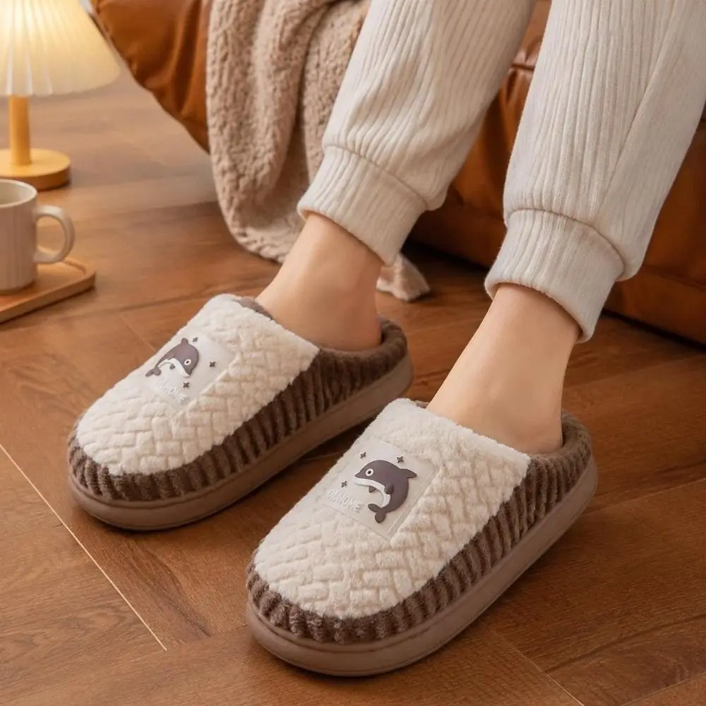 1 Pair Fabric Casual House Slippers Thick Sole Non-Slip Cartoon Slippers Warm Lining Warm Indoor Slippers Home Wear
