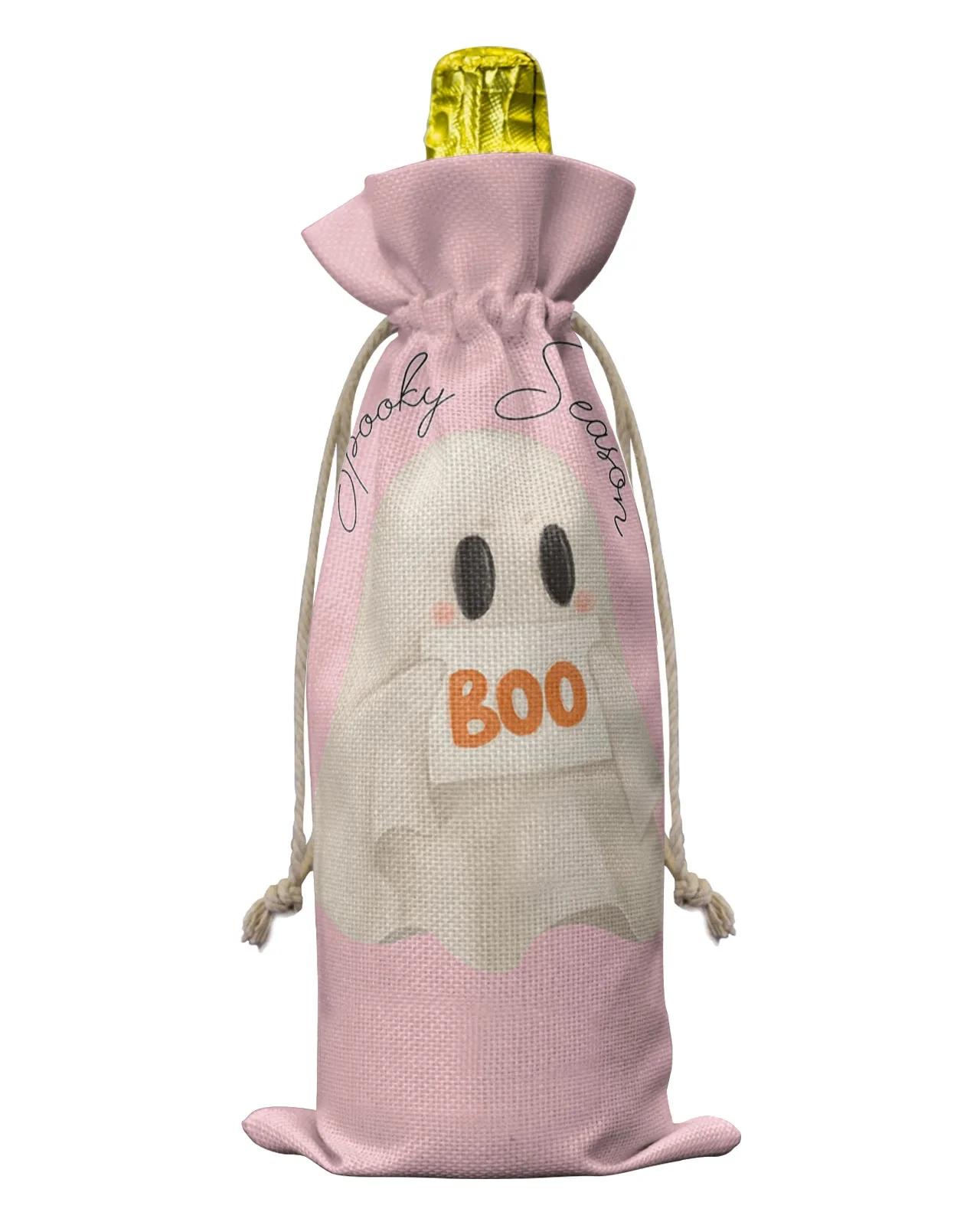 Halloween Ghost Watercolor Pink Wine Bottle Covers with Drawstring Wine Bag Packaging Bag Wedding Party Decor Gift