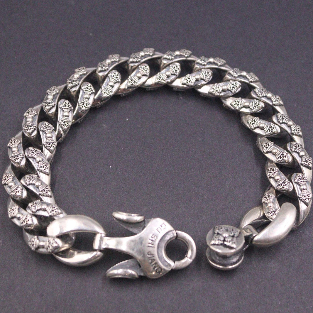 Real 925 Sterling Silver Bracelet Men Women 14mm Heavy Lucky  Vajra Pattern Curb Cuban Link 8.66inch Length /100-105g