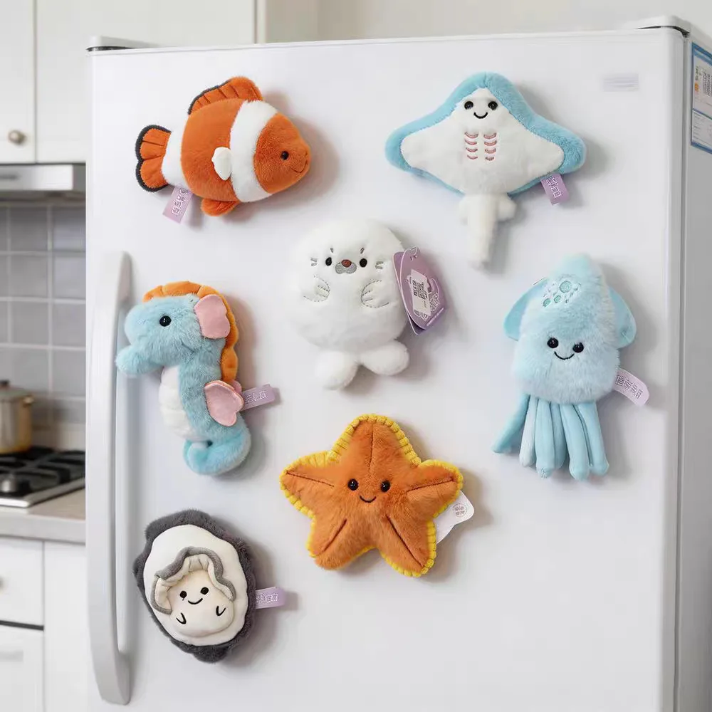 Aquarium fridge magnet clownfish plush toy oyster scallop devil ray seafood cultural and creative magnetic doll