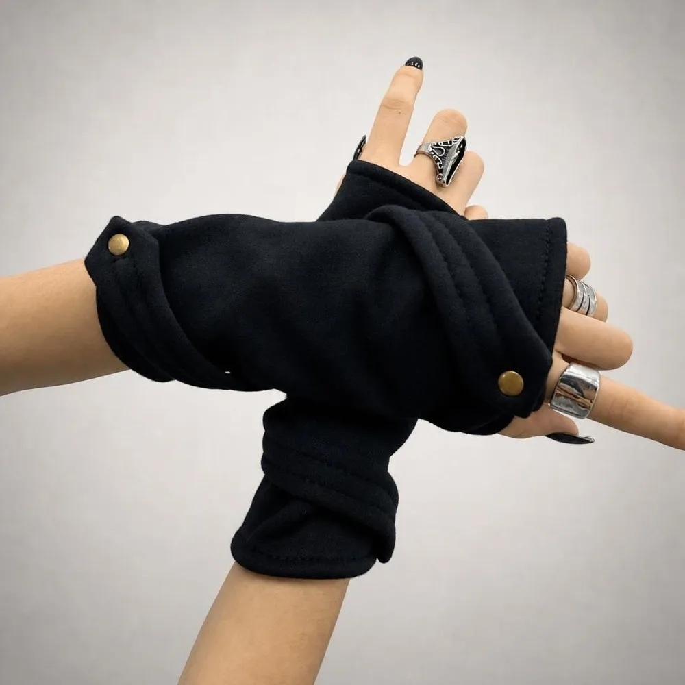 Snap-Button Closure Half Finger Gloves Decorative Design Warm Fingerless Gloves Unisex Breathable Hip Hop Gloves