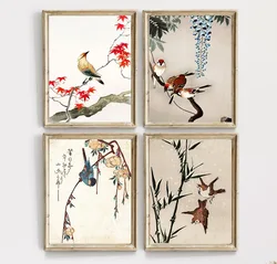 Japanese Flower Botanical Bird Posters and Prints Canvas Printing Vintage Wall Art Picture for Living Room Home Decoration
