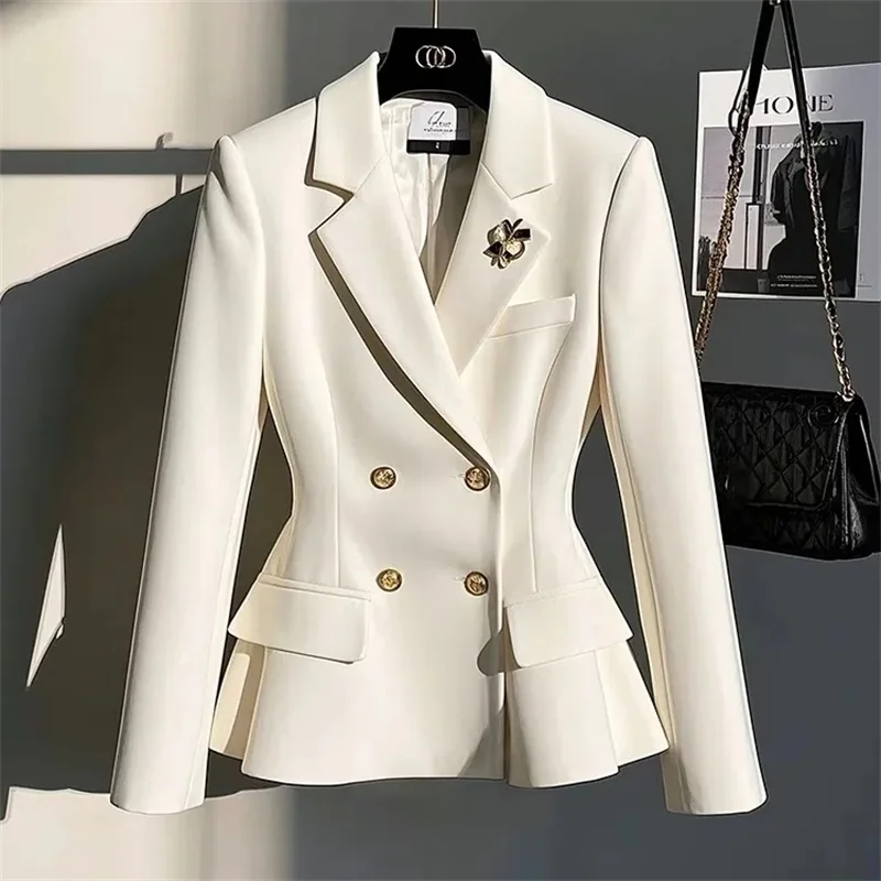 

2025 Spring/autumn New Small Suit Coat for Women Short temperament Casual Versatile Slim Double breasted Coats tops Off white
