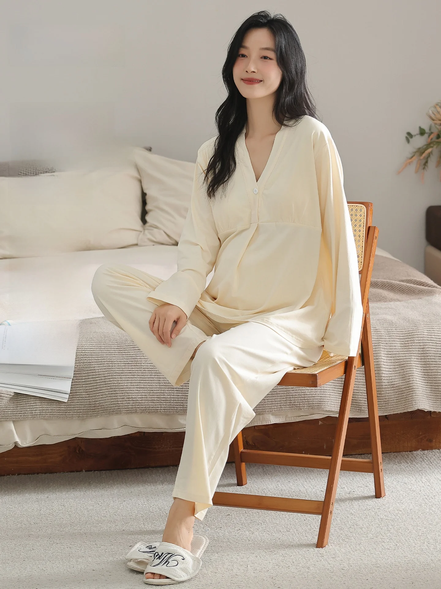 Pure Cotton Maternity Sleepwear with Chest Pad Postpartum Home Clothes for Women Comfortable Long Sleeve V-Neck Button Front