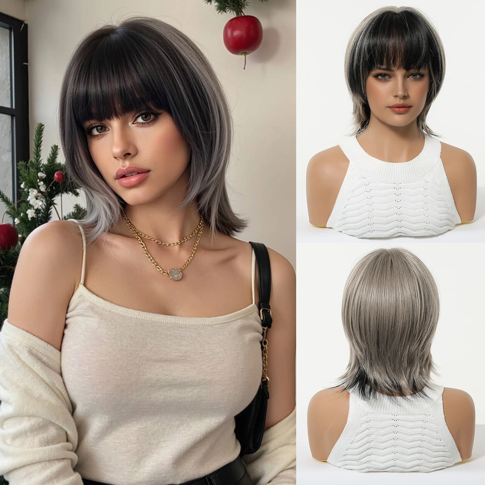 12 Inches Black To Gray Short Synthetic Wigs With Bangs For Women Daily Party Use Heat Resistant Fiber Natural Looking Fashion