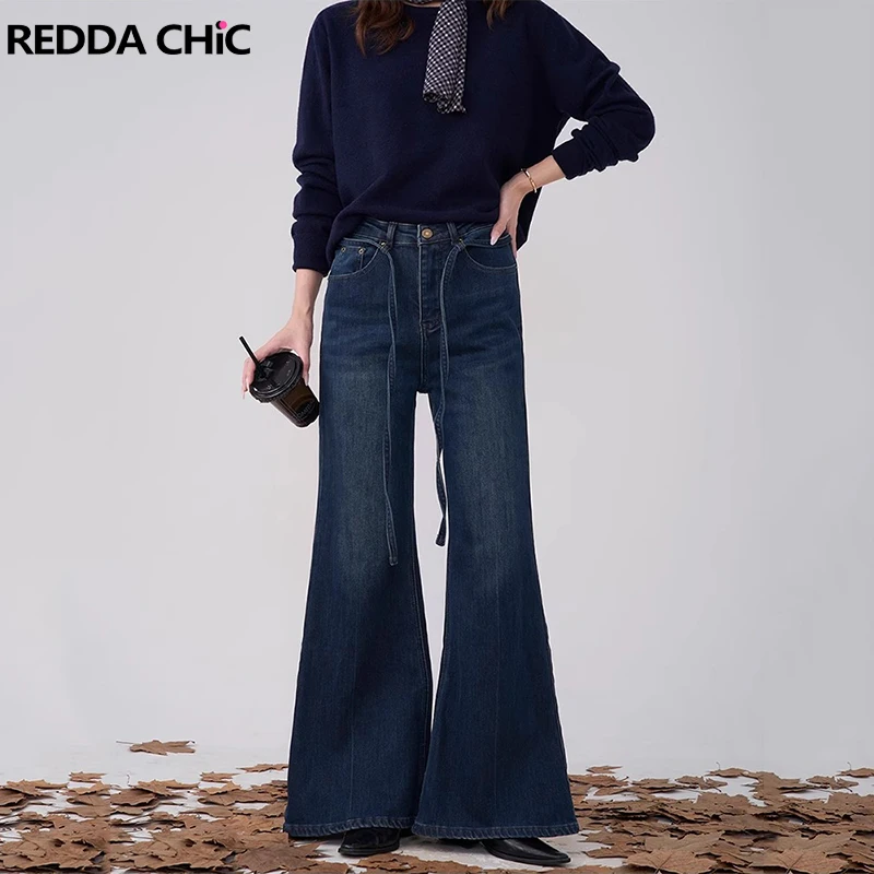 REDDACHiC Office Women Bootcut Wide Leg Pants Winter Thermal Cleanfit Casual Solid Belted Flare Jeans Minimalist Bell Bottoms