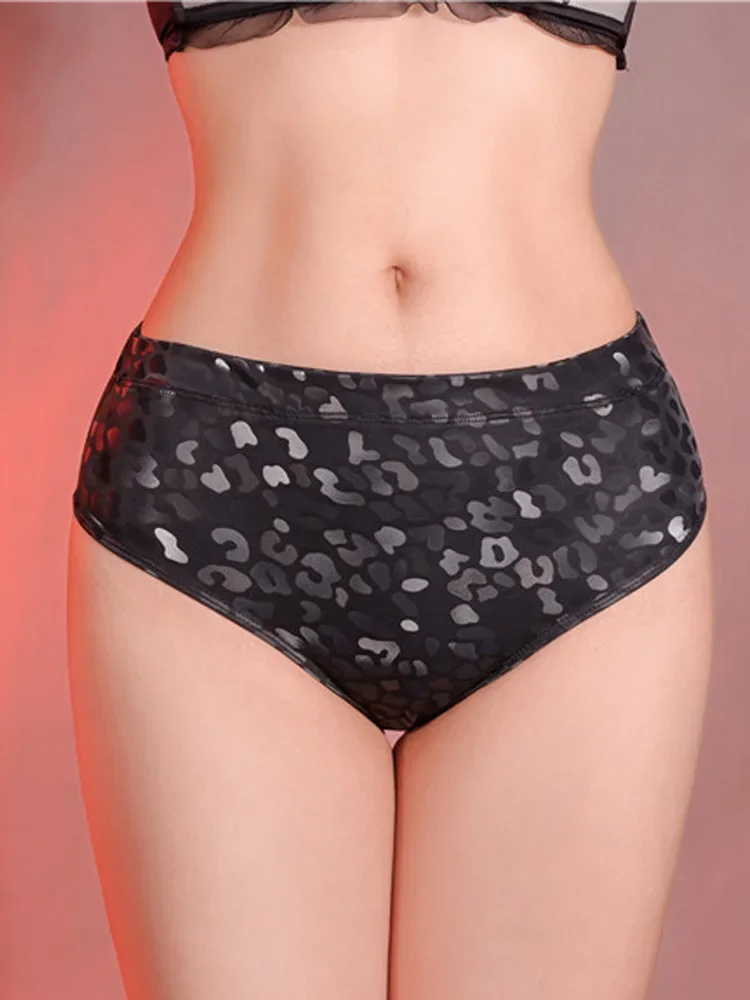 Sexy Women\'s High Waist Panties Shiny Leopard Printing Shaper Black G-string Elastic T-Back Oil Glossy Thong Dance Underwear