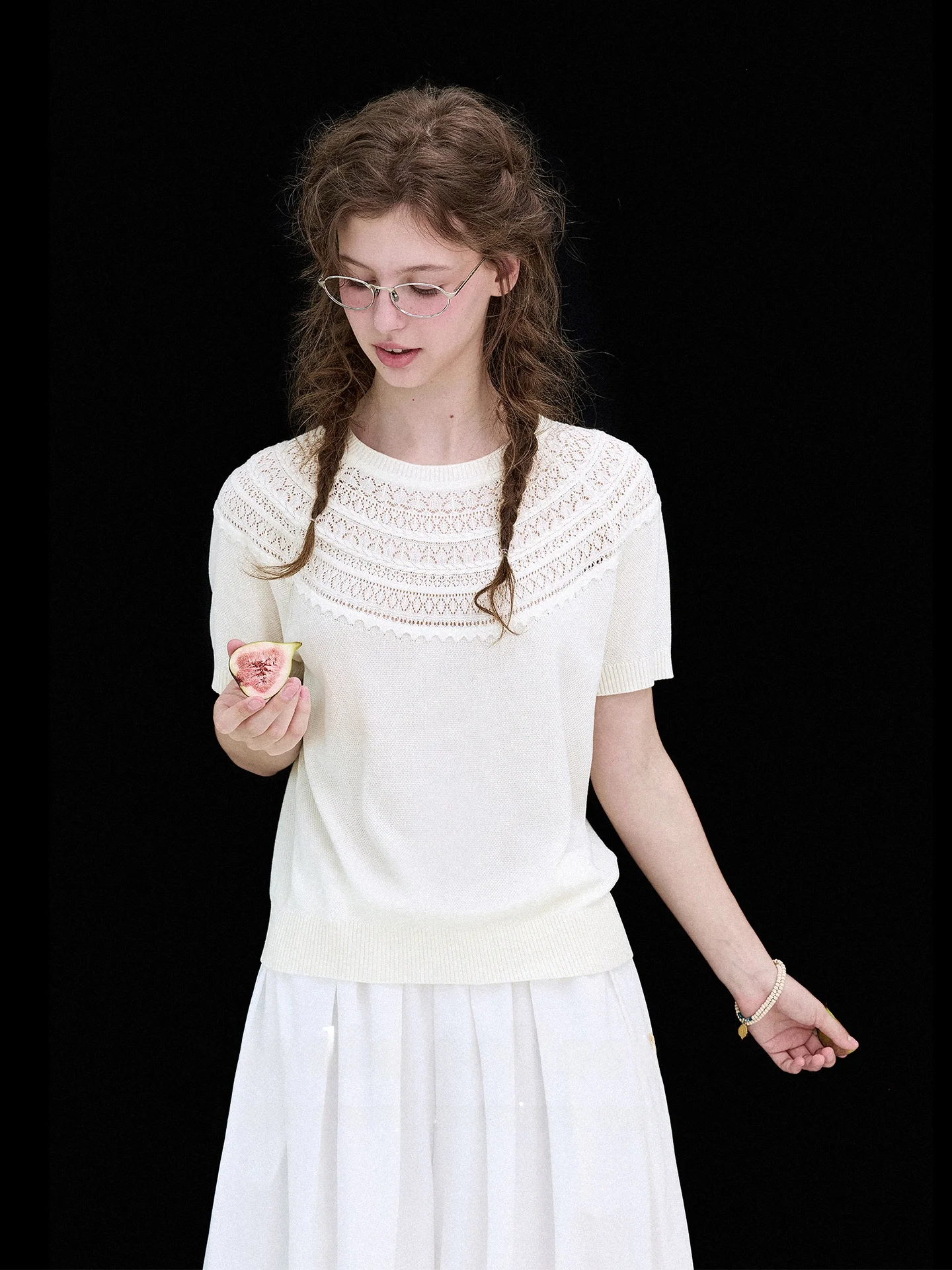 Levintage Women's Short Sleeve T-Shirt Floral Embroidery Knitted 100 Days Silk Cool Feeling Retro Fair Isle Design Summer Top