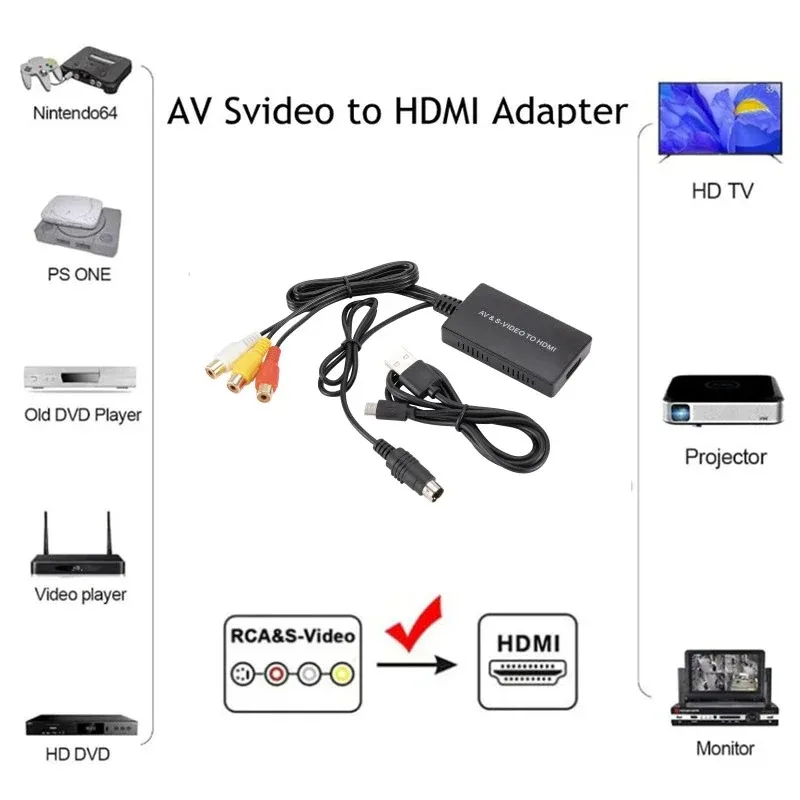 AV SVIDEO RCA CVBS to HDMI-compatible Adapter For HDTV STB DVD ,Compatible with PS2/ PS3, 1080P/720P AV S-VIDEO Video Converter