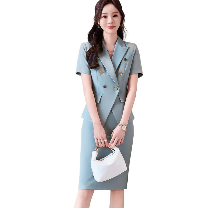 Solid Suits for Women 2024 Summer Fashion Office Ladies Short Sleeve Double Breasted Blazer Tops Chic Slim Skirt Suits