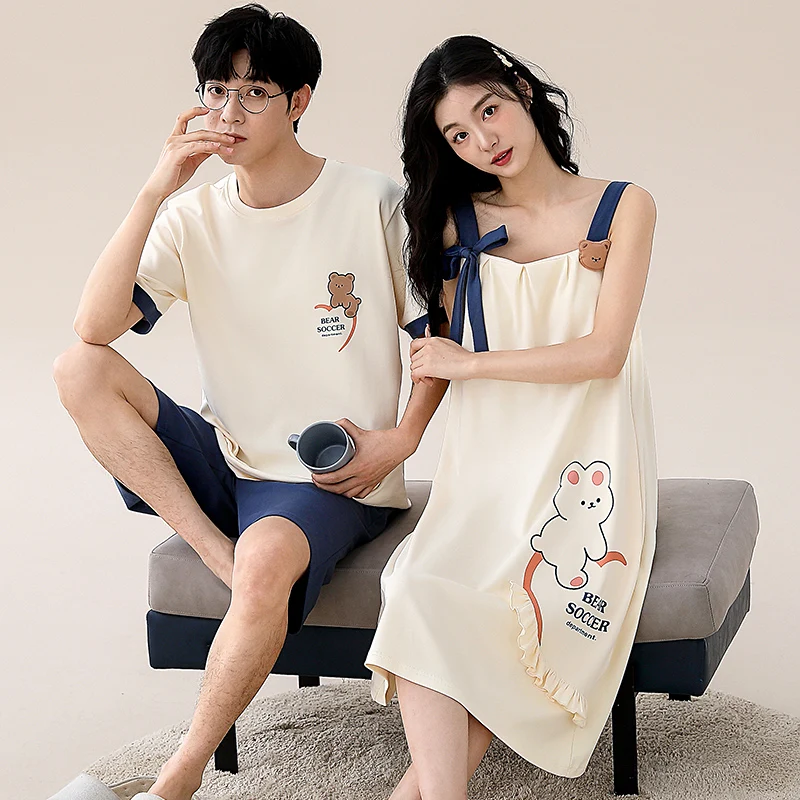 Couple Pajama Set Summer Cute Cartoon Pyjamas Men Sleeveless Pijamas 100% Cotton Women Sling Nightgown Lovers Sleepwear