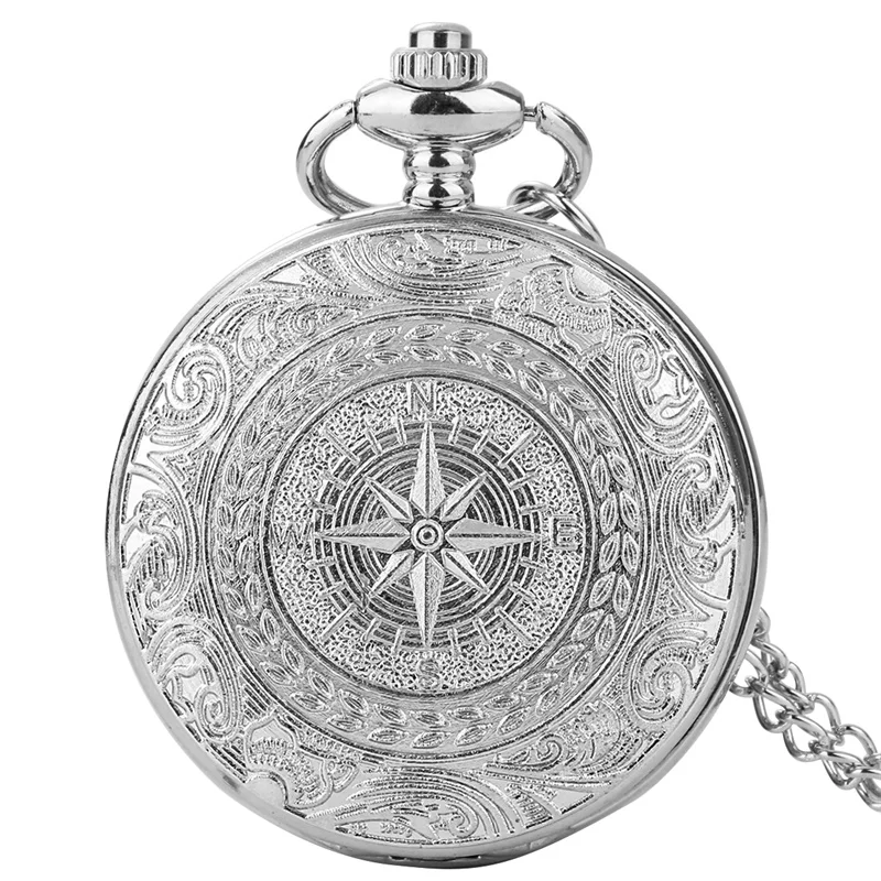 Bronze Compass Pattern Men Women Quartz Movement Pocket Watch with Necklace Chain Roman Number Display Time for A Change Dial