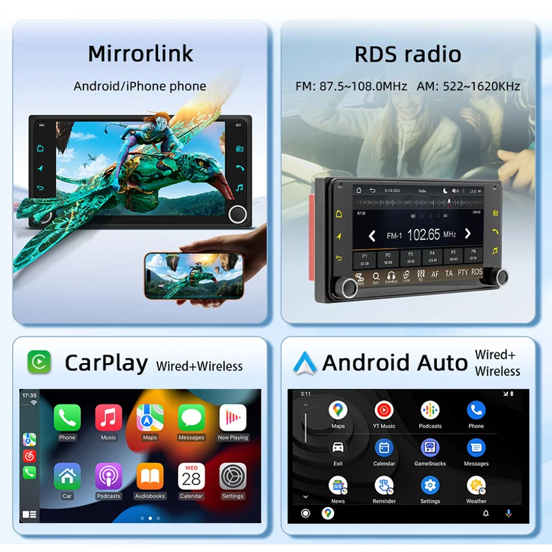 PHYEE Wireless CarPlay Car Radio for Toyota Corolla E120, Android Auto, BT 5.0 MP5 Player RDS/AM/FM Stereo 2 DIN 7