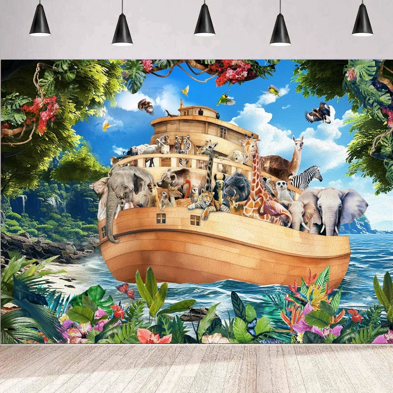 Noahs Ark Photography Backdrop Safari Animal Banner Jungle Sign Tropical Woodland Wildlife Baby Shower Birthday Party Background