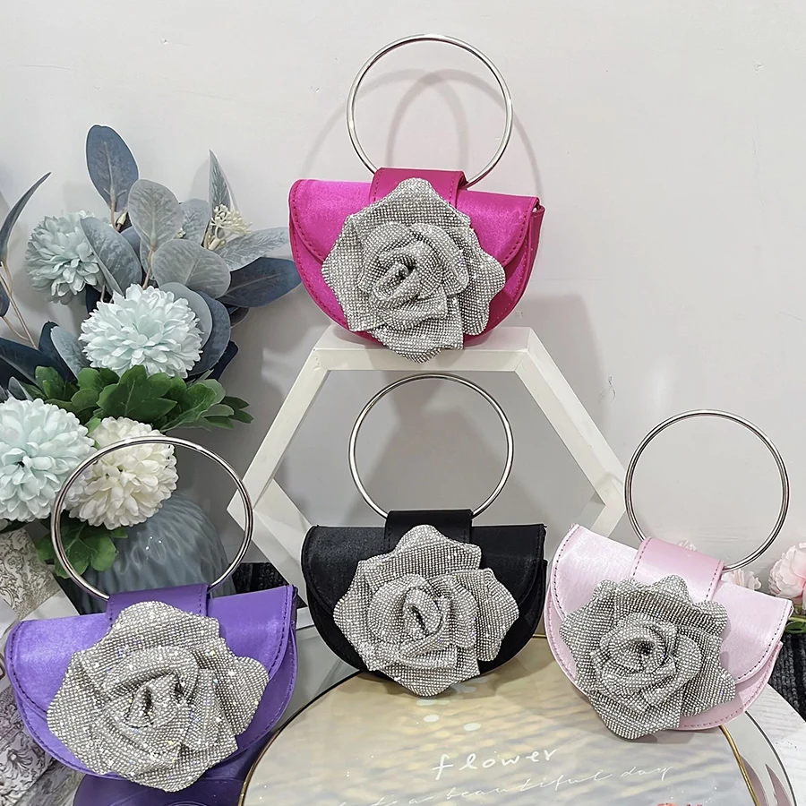 Luxury Rose Flower Crystal Clutch Bags Women Party Evening Flap Handbags Bridal Wedding Rhinestone Ring Handle Half Moon Bag Sac