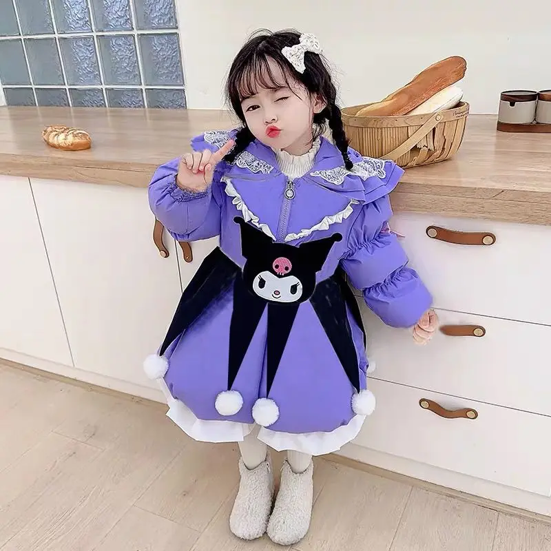 

Sanrio аниме Kuromi куртка с капюшоном на флисовой подкладке для девочек, плотная верхняя одежда, ветровка, осенне-зимняя детская одежда, утепленное теплое пальто