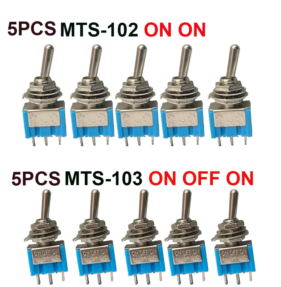 MTS-102 103 ON-OFF-ON /ON-ON   Miniature Lever Toggle Switch Single Pole Double Throw 120VAC 6A 1/4 Inch Mounting